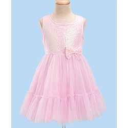 Babyhug Woven Sleeveless Party Frock With Sequinned Yoke & Mesh - Pink