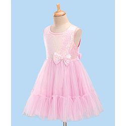 Babyhug Woven Sleeveless Party Frock With Sequinned Yoke & Mesh - Pink