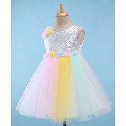 Babyhug Woven Sleeveless Sequinned Party Frock with Floral Corsage-Multicolour