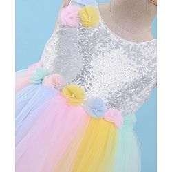 Babyhug Woven Sleeveless Sequinned Party Frock with Floral Corsage-Multicolour