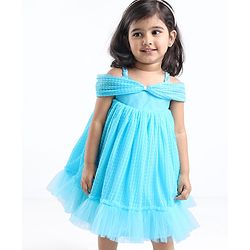 Babyhug Sleeveless Pleated Mesh a Line Party Dress - Sky Blue