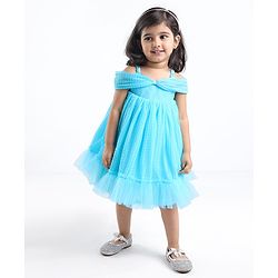 Babyhug Sleeveless Pleated Mesh a Line Party Dress - Sky Blue