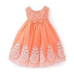 Babyhug Woven Sleeveless Party Dress with Floral Embroidery - Coral