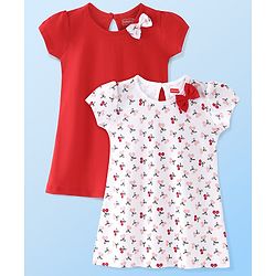 Babyhug Single Jersey Knit Half Sleeves Frock with Solid & Cherry Print & Bow Applique Pack of 2 - White & Red