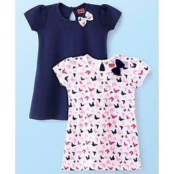 Babyhug 100% Cotton Single Jersey Knit Half Sleeves Frock Butterfly Print Pack Of 2 - Blue & White