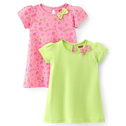 Babyhug 100% Cotton Single Jersey Knit Half Sleeves Frock Floral Print Pack Of 2 - Pink & Green