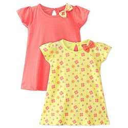 Babyhug 100% Cotton Half Sleeves Frocks With Floral Print Pack Of 2 - Red & Yellow