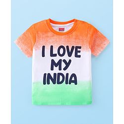 Babyhug 100% Cotton Knit Half Sleeves T-Shirt with Tie and Dye I Love My India Graphics - Blue Orange  & Green
