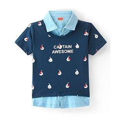 Babyhug 100% Cotton Knit Half Sleeves Overlap T-Shirt with Boat Graphics - Blue