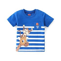 Babyhug Cotton Knit Half Sleeves Striped T-Shirt with Giraffe Print - Blue