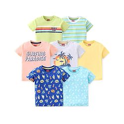 Babyhug 100% Cotton Knit Half Sleeves T-Shirt Stripes & Surf Board Graphics Print Pack Of 7 - Multicolor