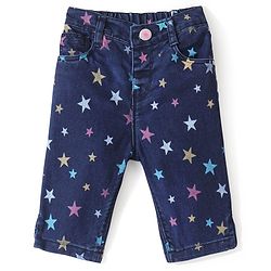 Babyhug Cotton Spandex Washed Stretchable Denim Capris with Star Print -  Blue