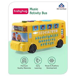 Babyhug Premium Musical Activity Yellow School Bus for Kids|Vehicle Toy with Alphabets, Numbers|Light & Music| Interactive Early Learning Toy | Best Birthday Gift| BIS Certified