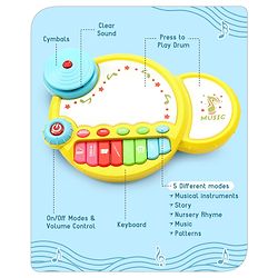 Babyhug Premium 2 in 1 Jazz Drum Piano for Kids- Yellow| Fun Musical Toy with Light for Kids| Sound Toy with 8 Multicolored Piano Keys| Pre-school Musical Instrument Learning for 12 Months+ Kids| BIS Certified