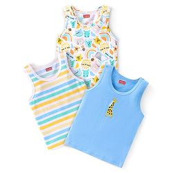 Babyhug 100 % Cotton Sleeveless Sando Vests  Stripes & Leopard Print Pack of 3- Blue Yellow & White