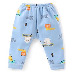 Babyhug Full Length Lion Print Fleece and Woolen Pants With Bear Applique - Light Blue