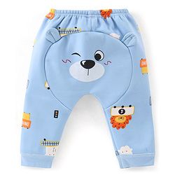 Babyhug Full Length Lion Print Fleece and Woolen Pants With Bear Applique - Light Blue