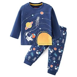 Babyhug Cotton Full Sleeves T-Shirt & Pyjama Set Solar System Print - Navy Blue