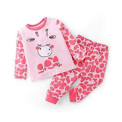 Babyhug Cotton Knit Full Sleeves Night Suit Giraffe Print - Pink
