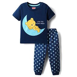 Babyhug Cotton Knit Half Sleeves Night Suit Teddy Print -  Blue
