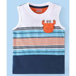 Babyhug 100% Cotton Sleeveless T-Shirt with Crab Graphics - White & Navy Blue