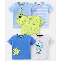 Babyhug 100% Cotton Half Sleeves T-Shirts Monsters Print Pack of 5- Blue & Green