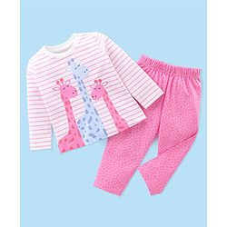 Babyhug Cotton Knit Full Sleeves Night Suit With Giraffe Print & Striped - Pink