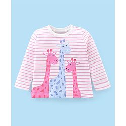 Babyhug Cotton Knit Full Sleeves Night Suit With Giraffe Print & Striped - Pink