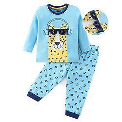 Babyhug Cotton Knit Full Sleeves Night Suit With Leopard Print & Embroidery - Blue