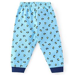 Babyhug Cotton Knit Full Sleeves Night Suit With Leopard Print & Embroidery - Blue