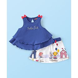 Babyhug 100% Cotton Sleeveless Top & Skirt Set Text Print- Blue & White