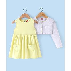 Babyhug 100% Cotton Knit Frock with Full Sleeves Jacket Solid Colour - Yellow