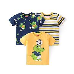 Babyhug 100% Cotton Knit Half Sleeves T-Shirts with Graphics Pack of 3 - Yellow Navy Blue & Grey