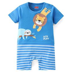 Babyhug 100% Cotton Knit Half Sleeves Romper Lion Print - Blue