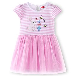 Babyhug 100% Cotton Knit Half Sleeves Frock Rabbit Embroidery - Pink