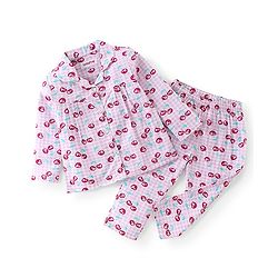Babyhug Cotton Woven Full Sleeves Night Suit Berry Print - White