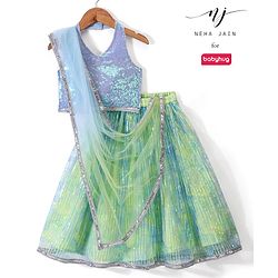 Babyhug Woven Sleeveless Embroidered Choli with Lehenga & Dupatta Sequince Detailing - Aqua Green