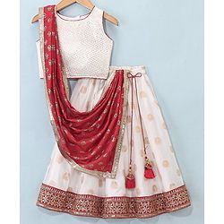 Babyhug Sleeveless Embrodered Choli with Brocade Lehenga and Dupatta - Off White & Red