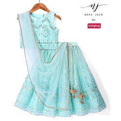 Babyhug Woven  Sleeveless Sequince Embroidered Choli with Lehenga and Dupatta - Aqua