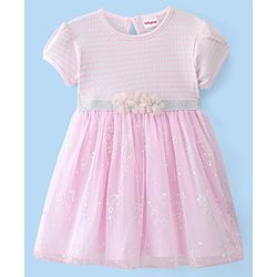 Babyhug Cotton Knit Half Sleeves Frock With Floral Applique Print - Pink