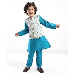 Babyhug 100% Cotton Full Sleeves Kurta & Pyjama Set With Jacket Pyramid Print - Blue