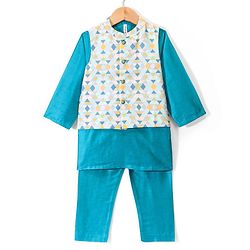Babyhug 100% Cotton Full Sleeves Kurta & Pyjama Set With Jacket Pyramid Print - Blue