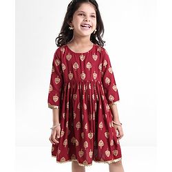 Babyhug Three Fourth Sleeves Ethnic Dress Leaves Foil Print - Maroon