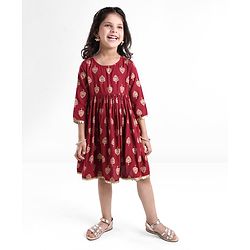 Babyhug Three Fourth Sleeves Ethnic Dress Leaves Foil Print - Maroon