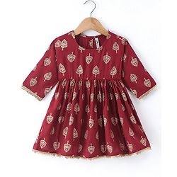 Babyhug Three Fourth Sleeves Ethnic Dress Leaves Foil Print - Maroon
