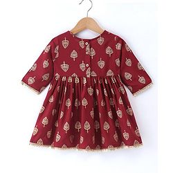 Babyhug Three Fourth Sleeves Ethnic Dress Leaves Foil Print - Maroon
