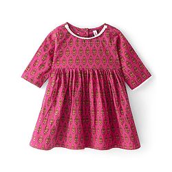 Babyhug Cotton Three Fourth Sleeves Ethnic Dress Floral Print - Fuschia