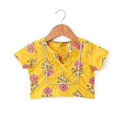 Babyhug 100% Cotton Woven Half Sleeves Choli & Lehenga with Dupatta Floral Print - Yellow