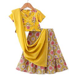 Babyhug 100% Cotton Woven Half Sleeves Choli & Lehenga with Dupatta Floral Print - Yellow