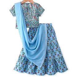 Babyhug  100% Cotton Woven Half Sleeves Floral Printed Choli Lahenga Set with Dupatta - Blue